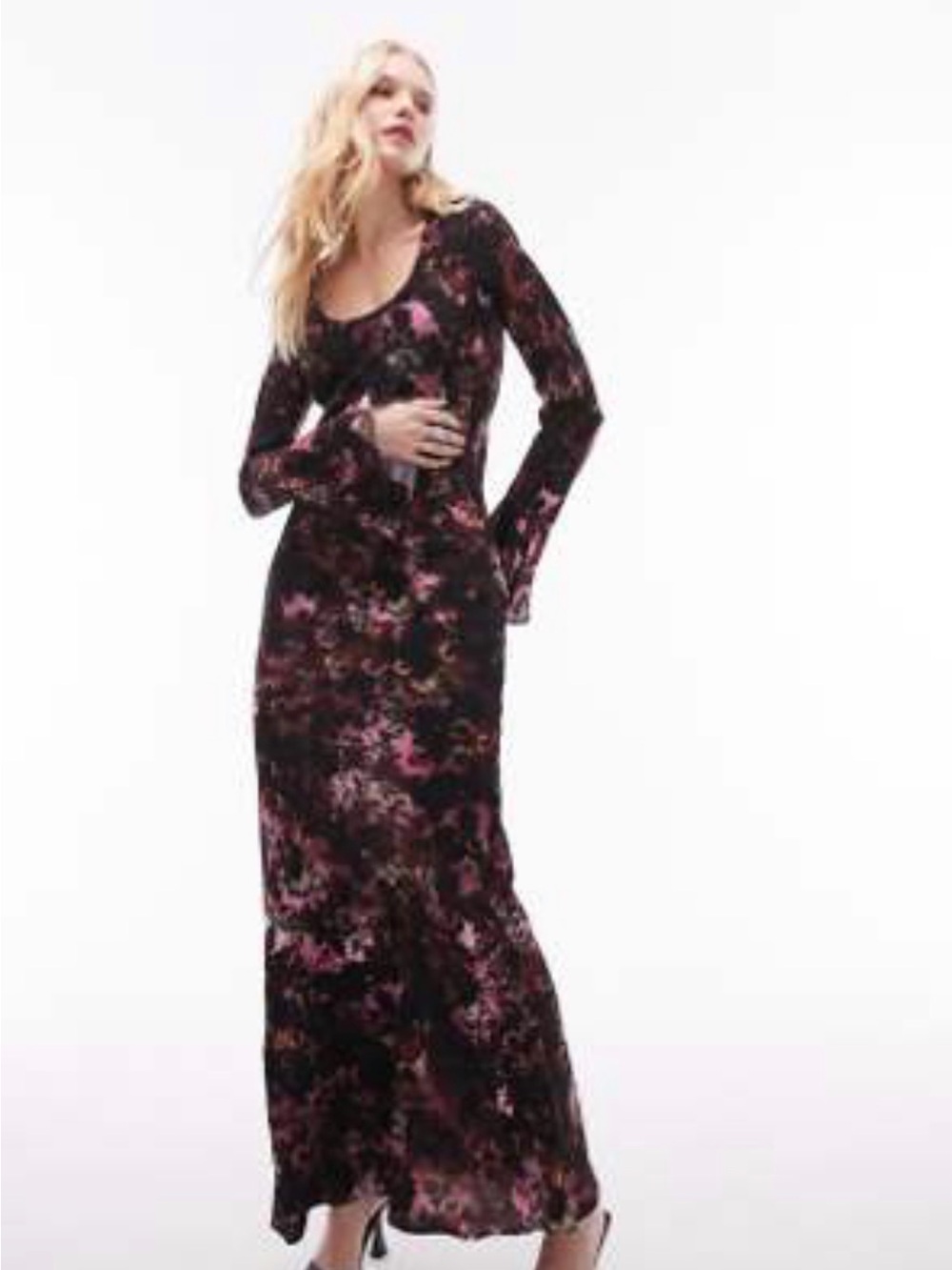 Topshop long Sleeve Floral Maxi Dress in Black and Pink